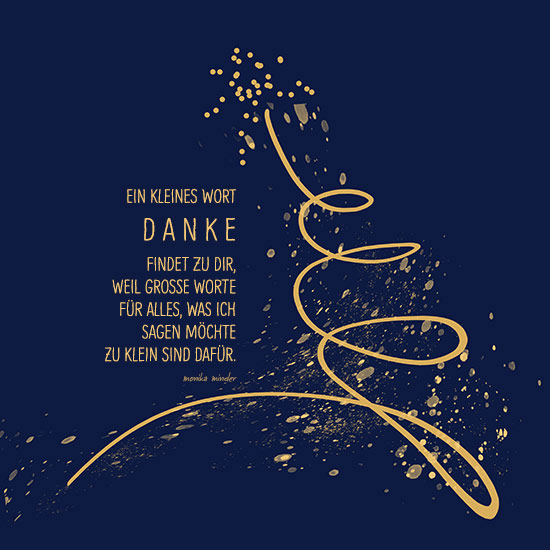 Karte dunkelblau mit goldenem modernen Tannenbaum und Sternenstaub sowie Gedicht Danke von Monika Minder